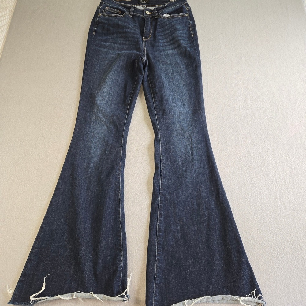 Judy Blue Flare Jeans Womens 9/29 Dark Wash‎ High Rise Raw Hem JB82343DK